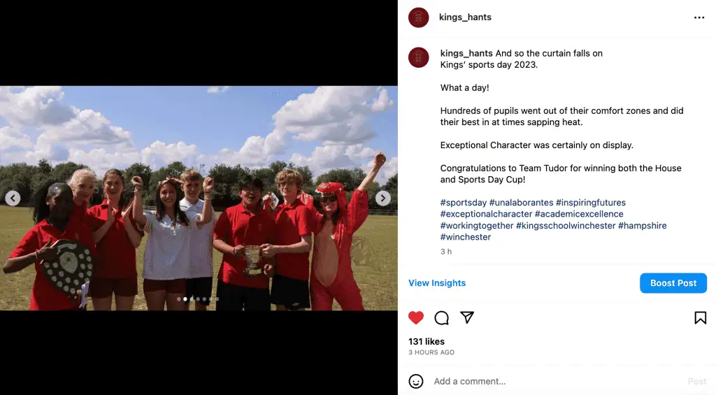 Students celebrating sports achievements at Kings School Hants during a sunny sports day.