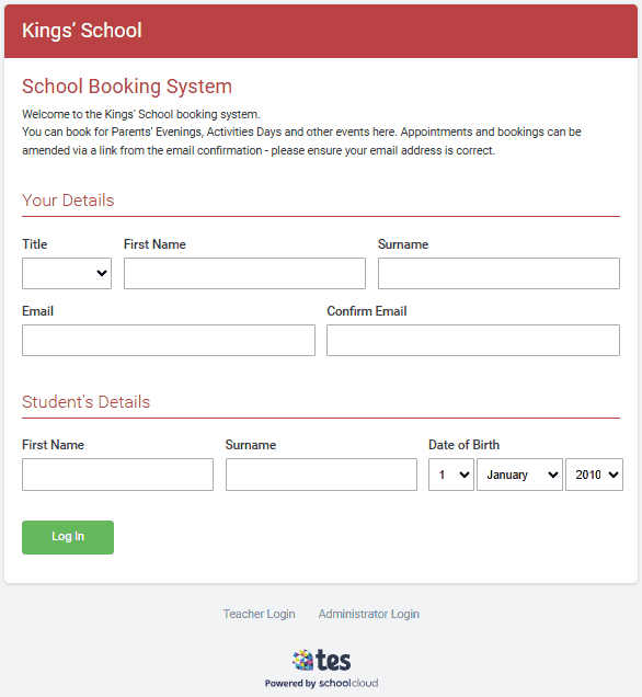 School booking system for Kings School student and parent event registration and management.